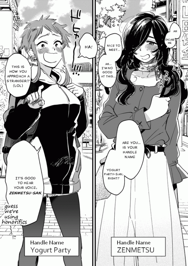 A manga about a woman and a woman who occasionally chat online and are meeting up for the first time on their day off